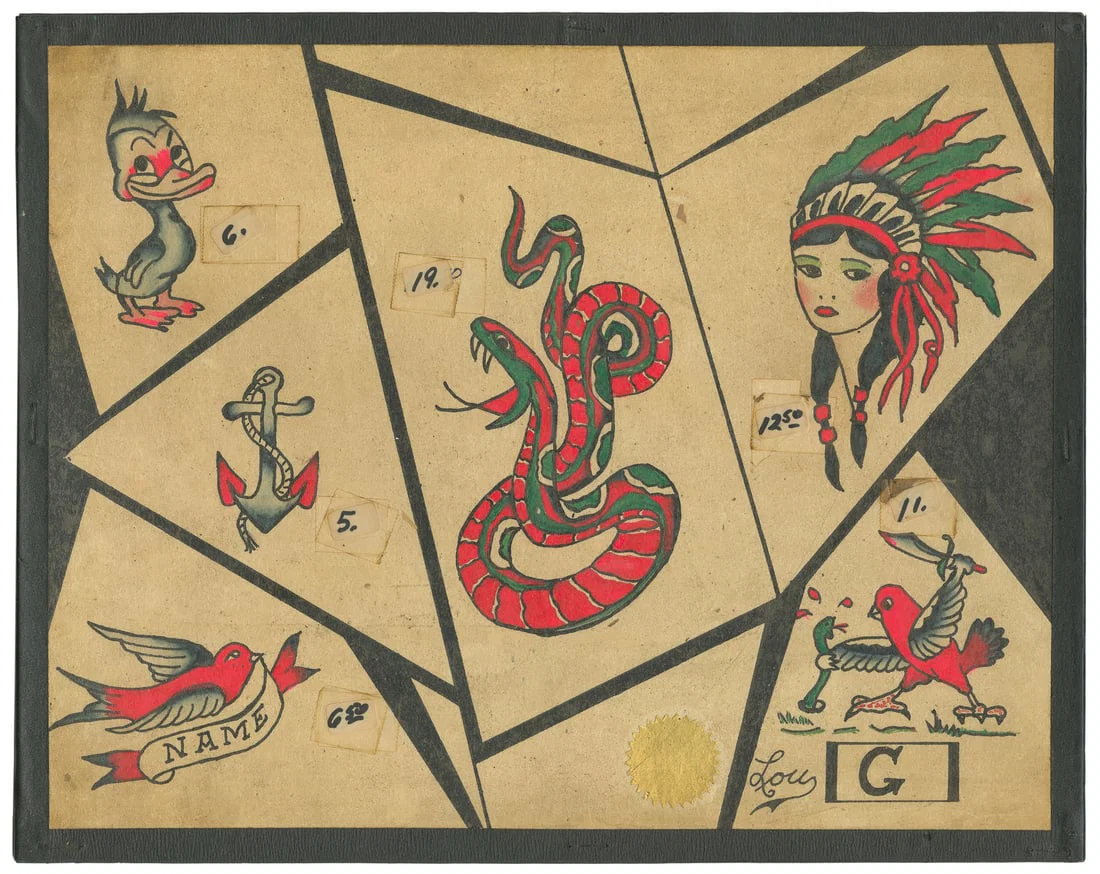 Tattoo Lou Flash Sheet w/ Six Designs. Bert Grimm Tattoo, Long Beach Pike, 1960s