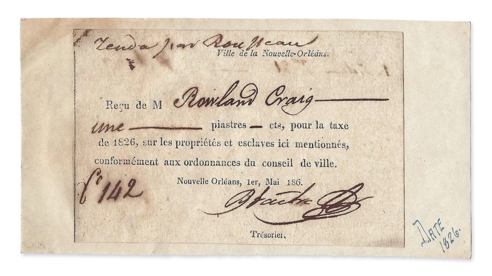 Taxes Paid on an Slave in 1826 Rare New Orleans Printed Receipt