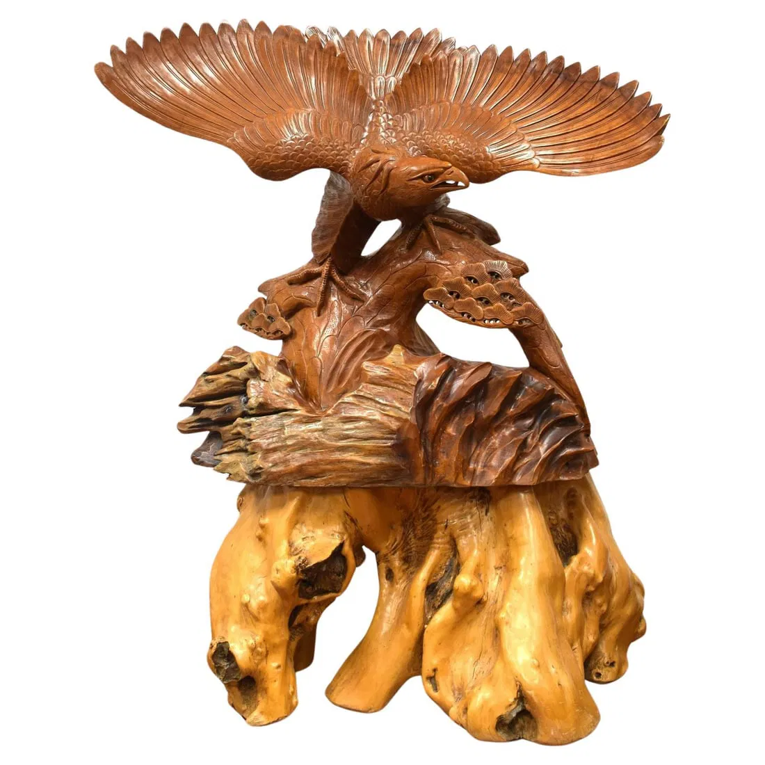 Teak Meiji Era Japanese Eagle Sculpture with Burlwood Base 53 Inch