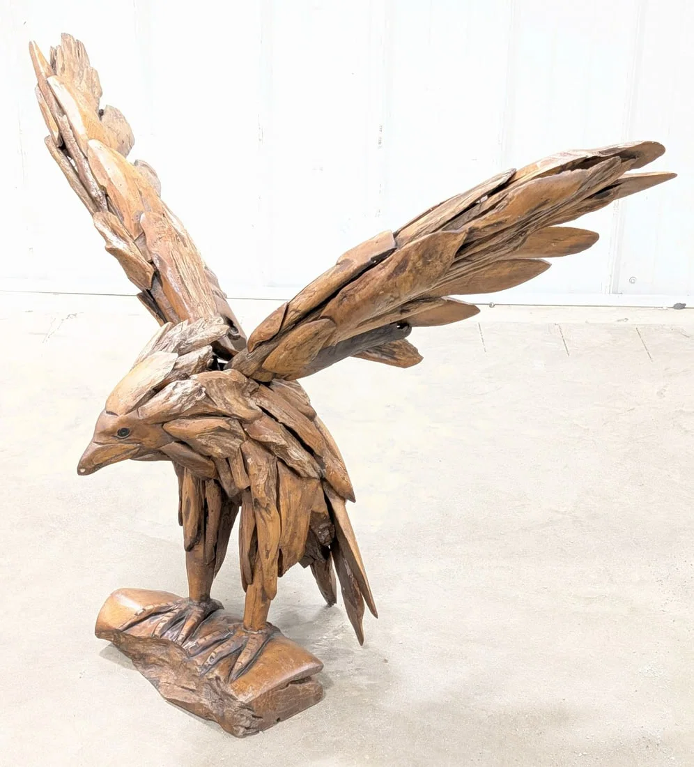 Teak Wood Perched Eagle Sculpture