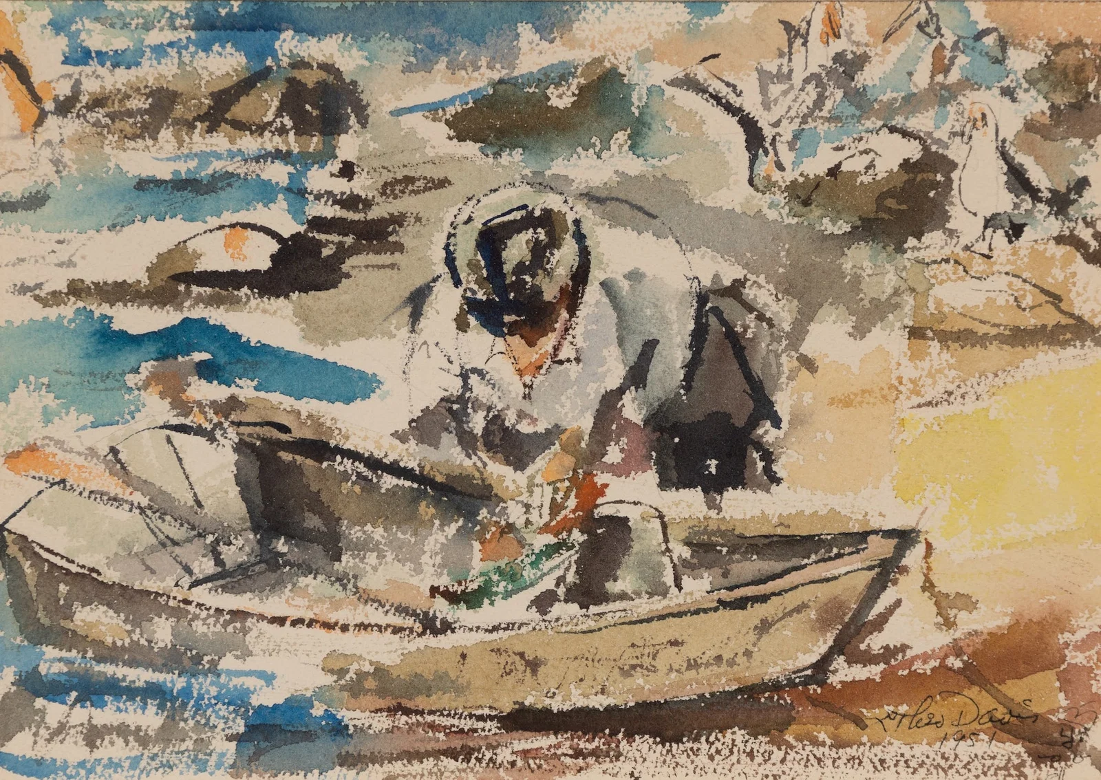 Ted Davis (Am. 1908-1995), Loading the Dory, Fish Beach, 1951, Watercolor on paper, framed