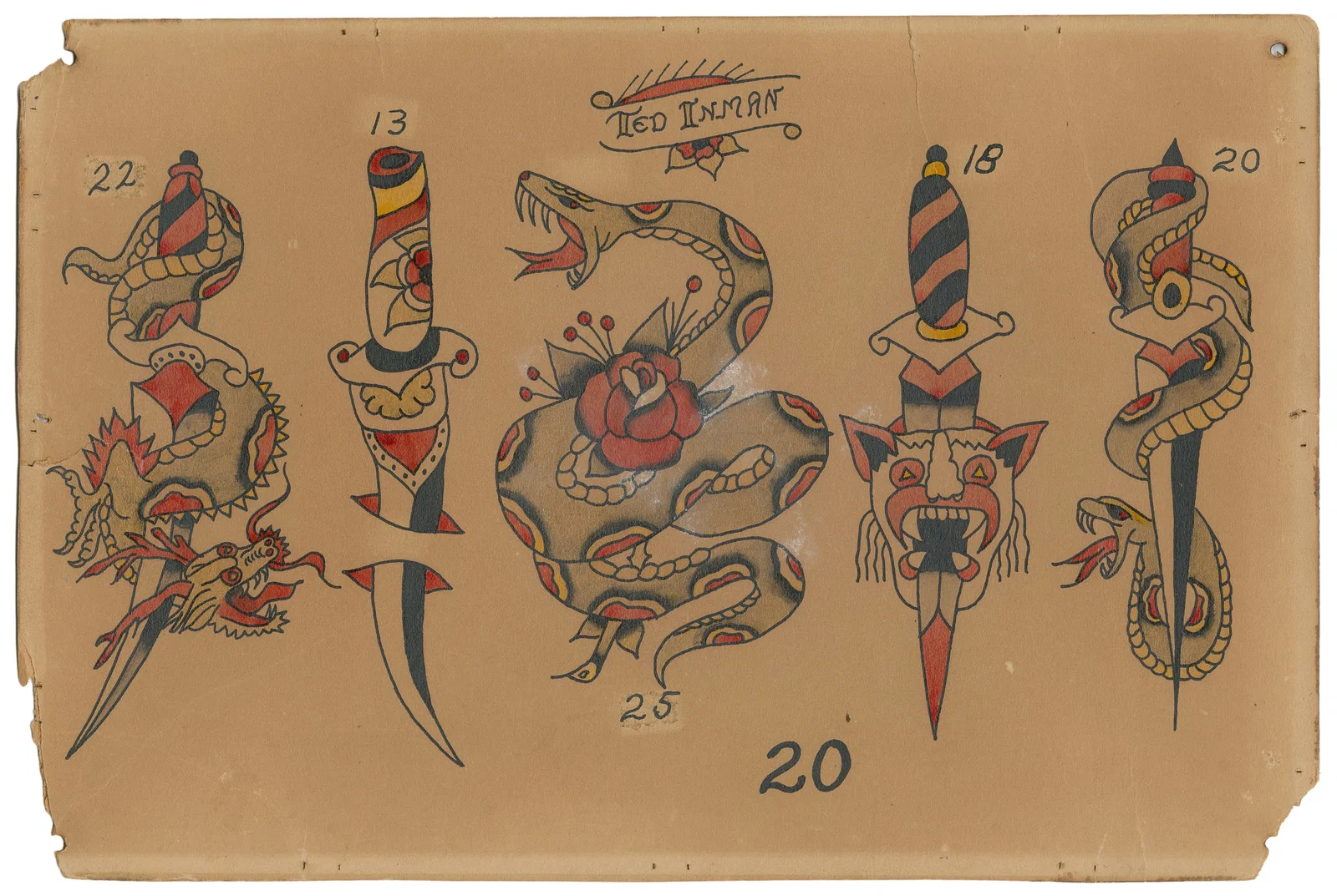 Ted Inman Dagger Tattoo Flash Sheet. USA, Mid 20th Century