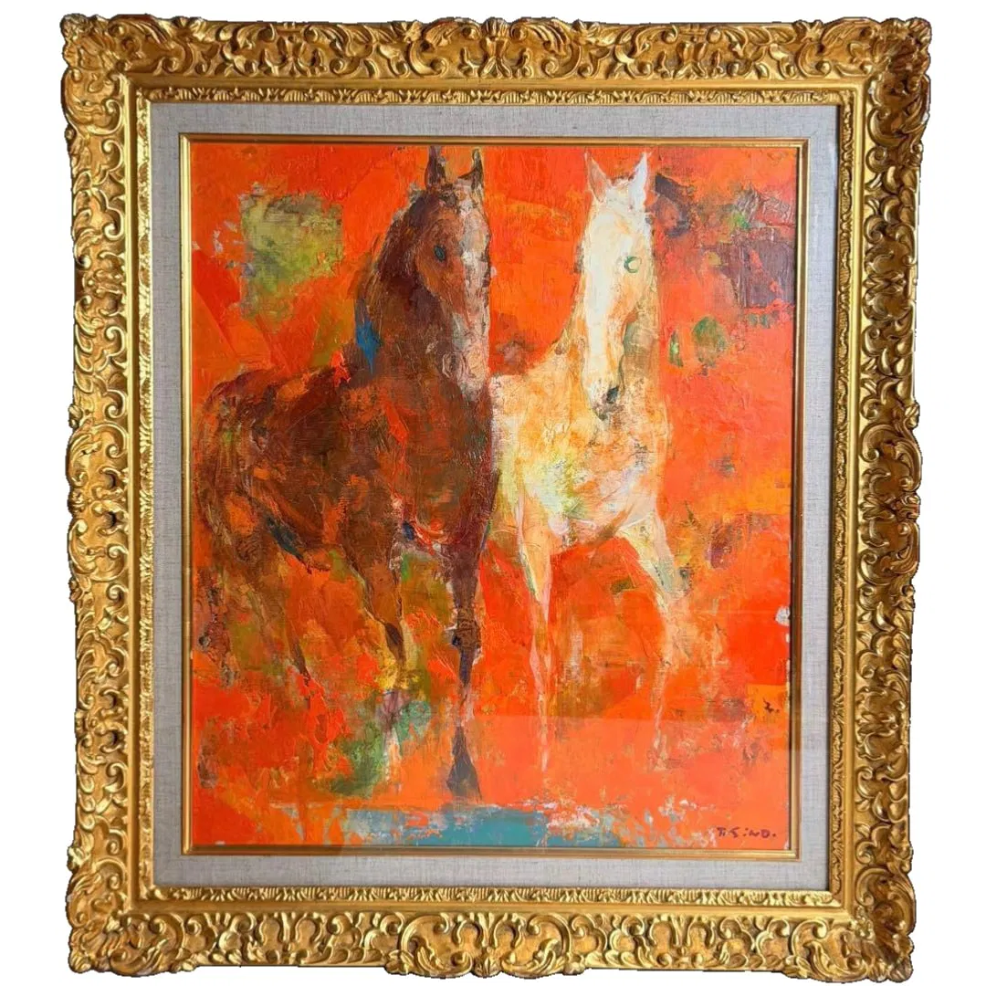 Teruo Shinozaki "Conversation" Oil Painting Framed with Handwritten Signature