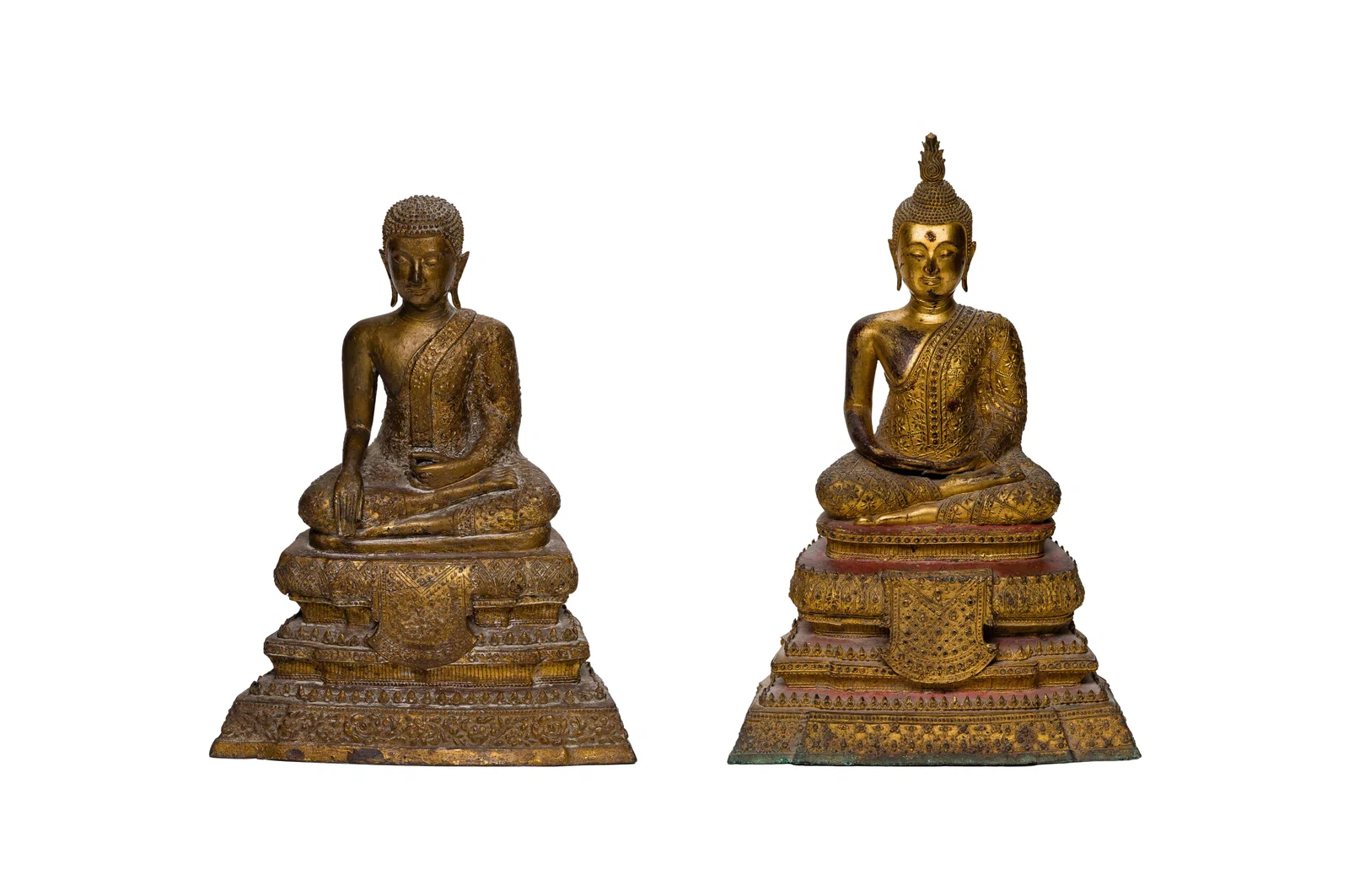 Thai Gilt and Lacquered Metal Seated Buddha Sculptures