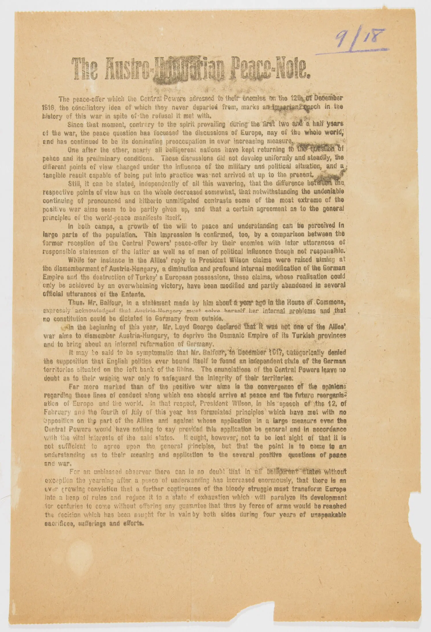 ‘THE AUSTRO-HUNGARIAN PEACE-NOTE’ BROADSIDE