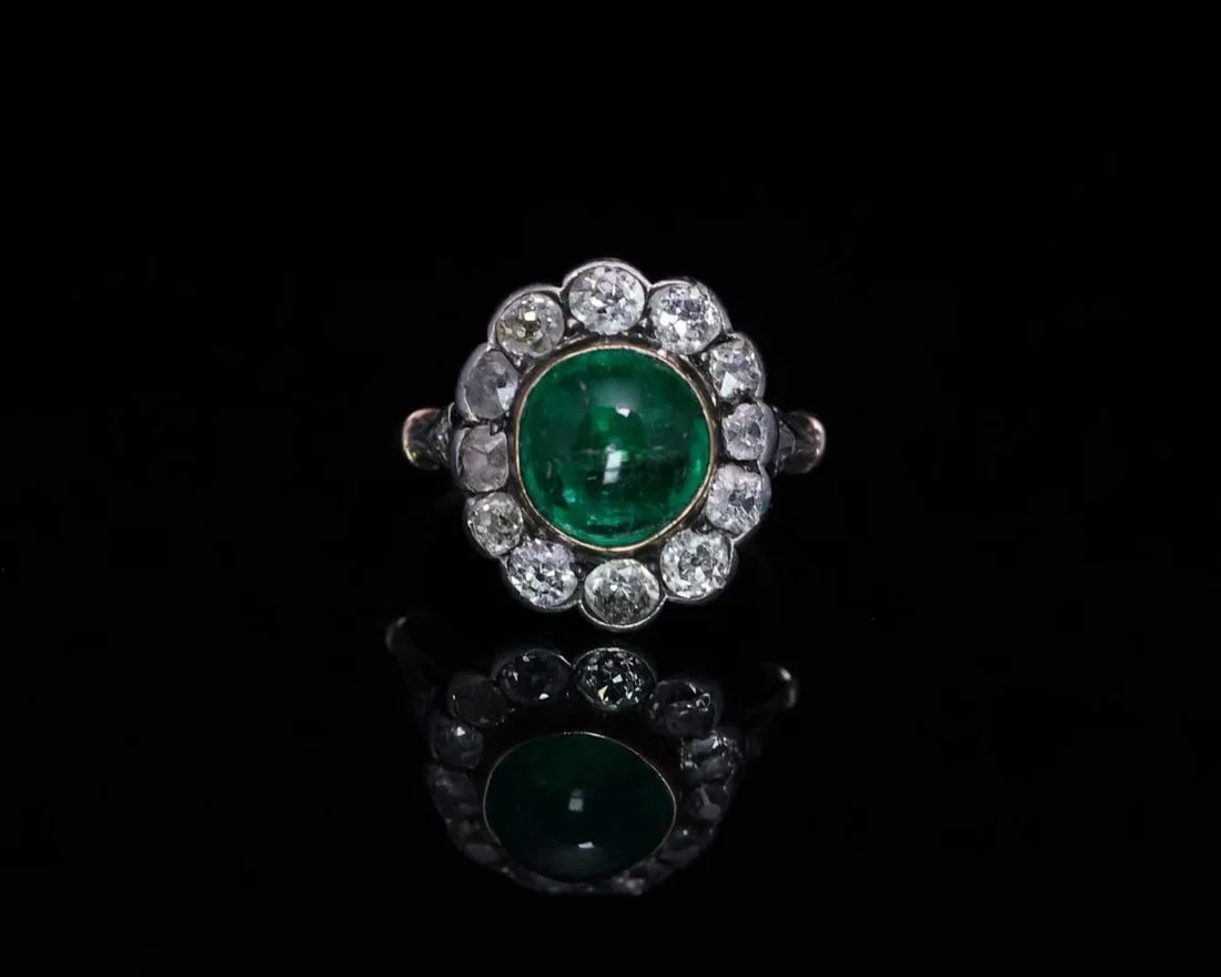 THE BELLE EPOQUE GOLD AND SILVER STACKED DIAMOND COLOMBIAN EMERALD RING