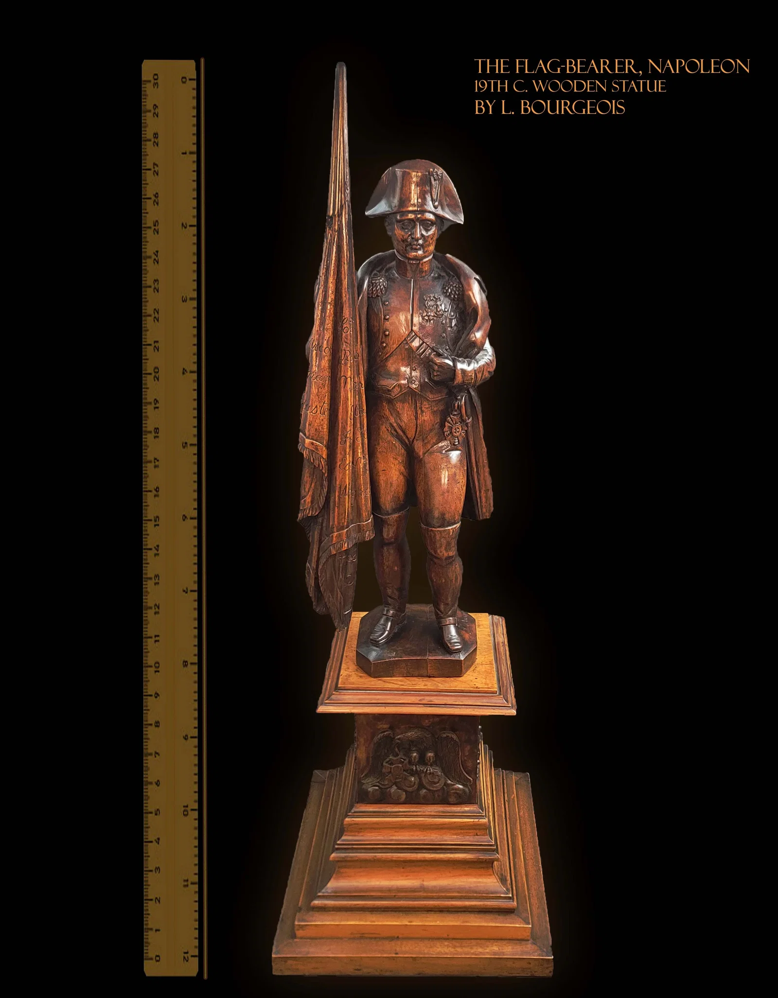 The Flag-Bearer, Napoleon, 19th C. Wooden Statue On Base, L. Bourgeois Signed