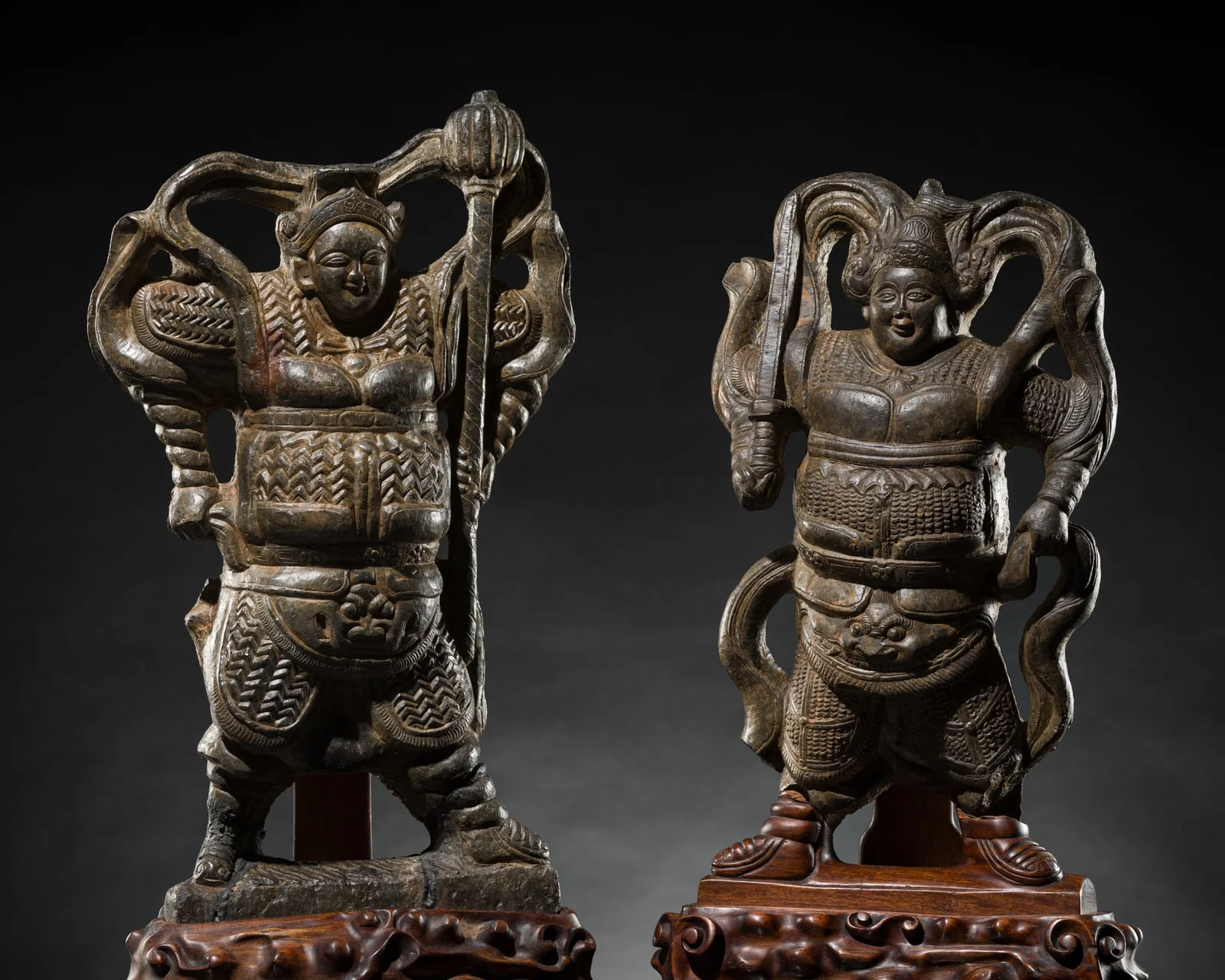 THE HEAVENLY KINGS VAISHRAVANA AND VIRUDHAKA, A PAIR OF LIMESTONE FIGURES, TANG TO SONG DYNASTY