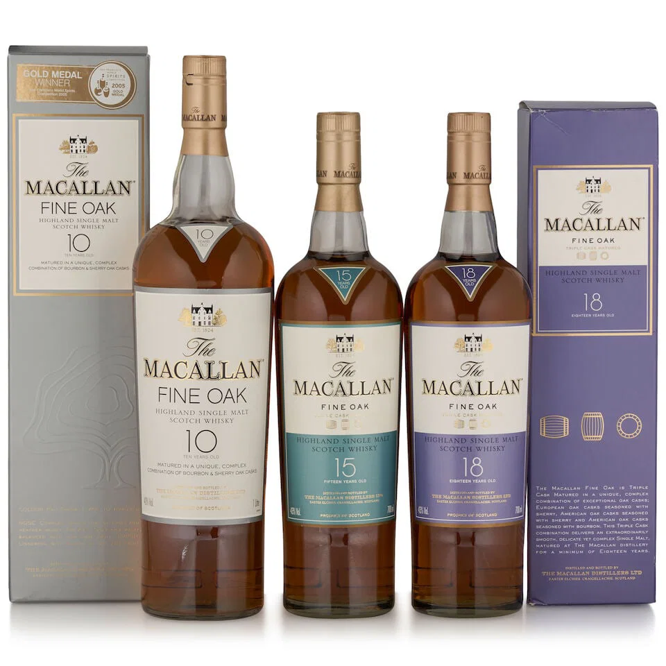 The Macallan Fine Oak 10 Years Old (1 bottle, 1L) The Macallan Fine Oak 15 Years Old (1 bottle, ...