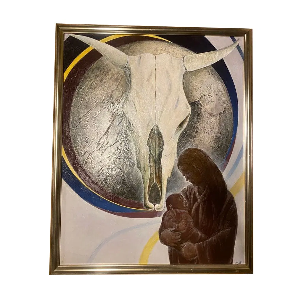 The oil painting of a cow's skull and a mother and child