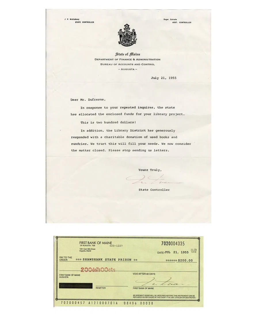 THE SHAWSHANK REDEMPTION (1994) - Andy Dufresne's (Tim Robbins) State of Maine Letter and Check