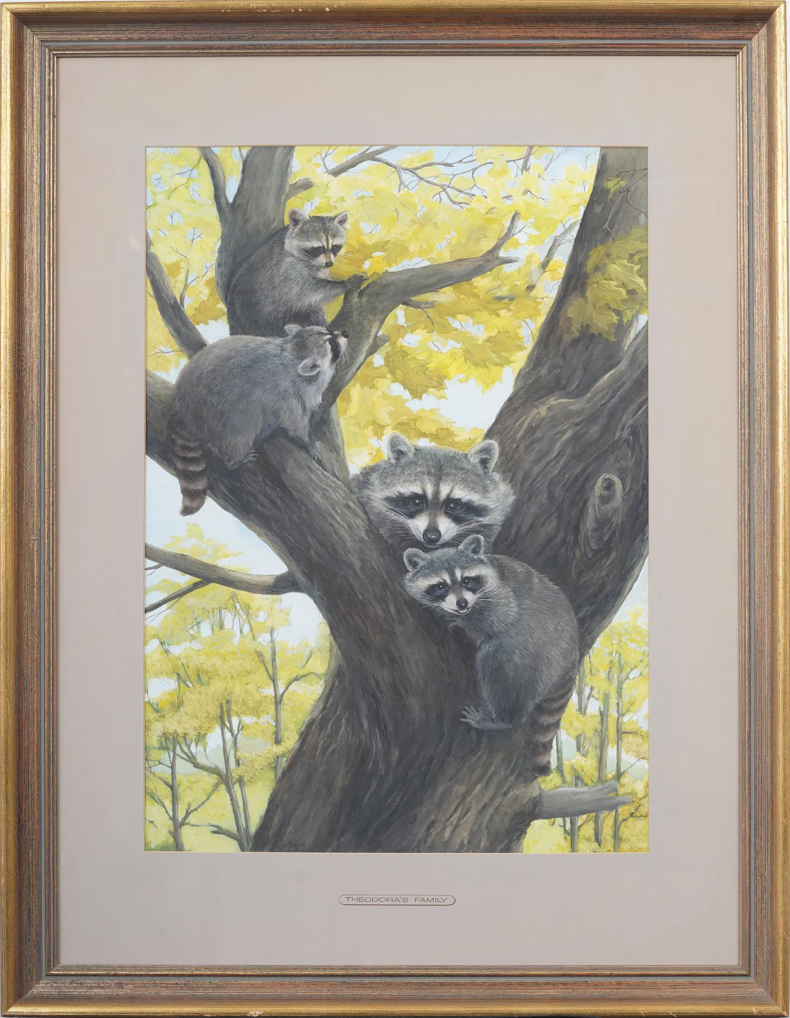 "Theodora's Family" Large Vintage American Raccoon Family Original Illustration Gouache Painting