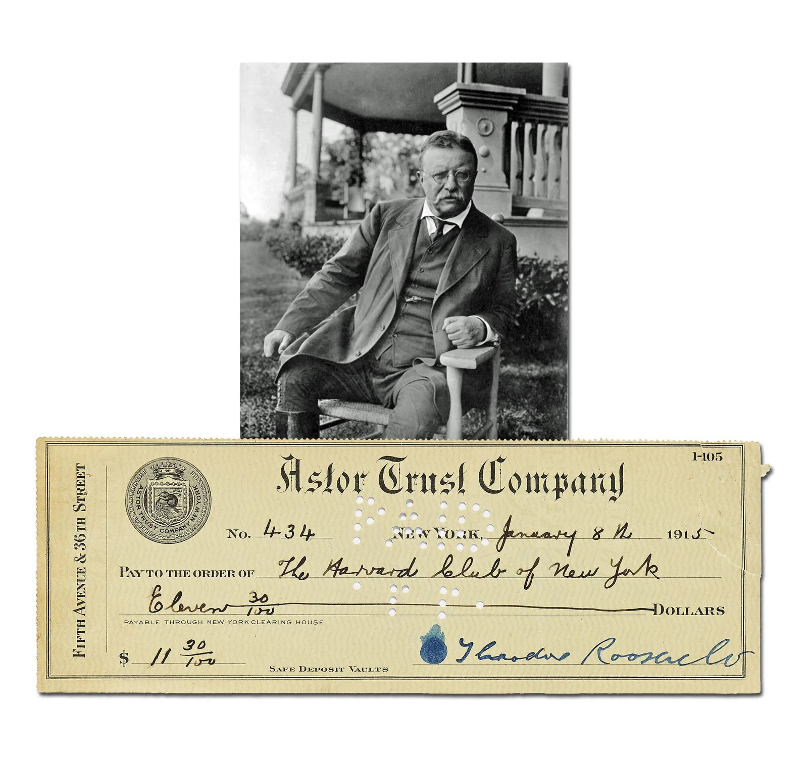 Theodore Roosevelt Boldly Signed Check to Harvard Club