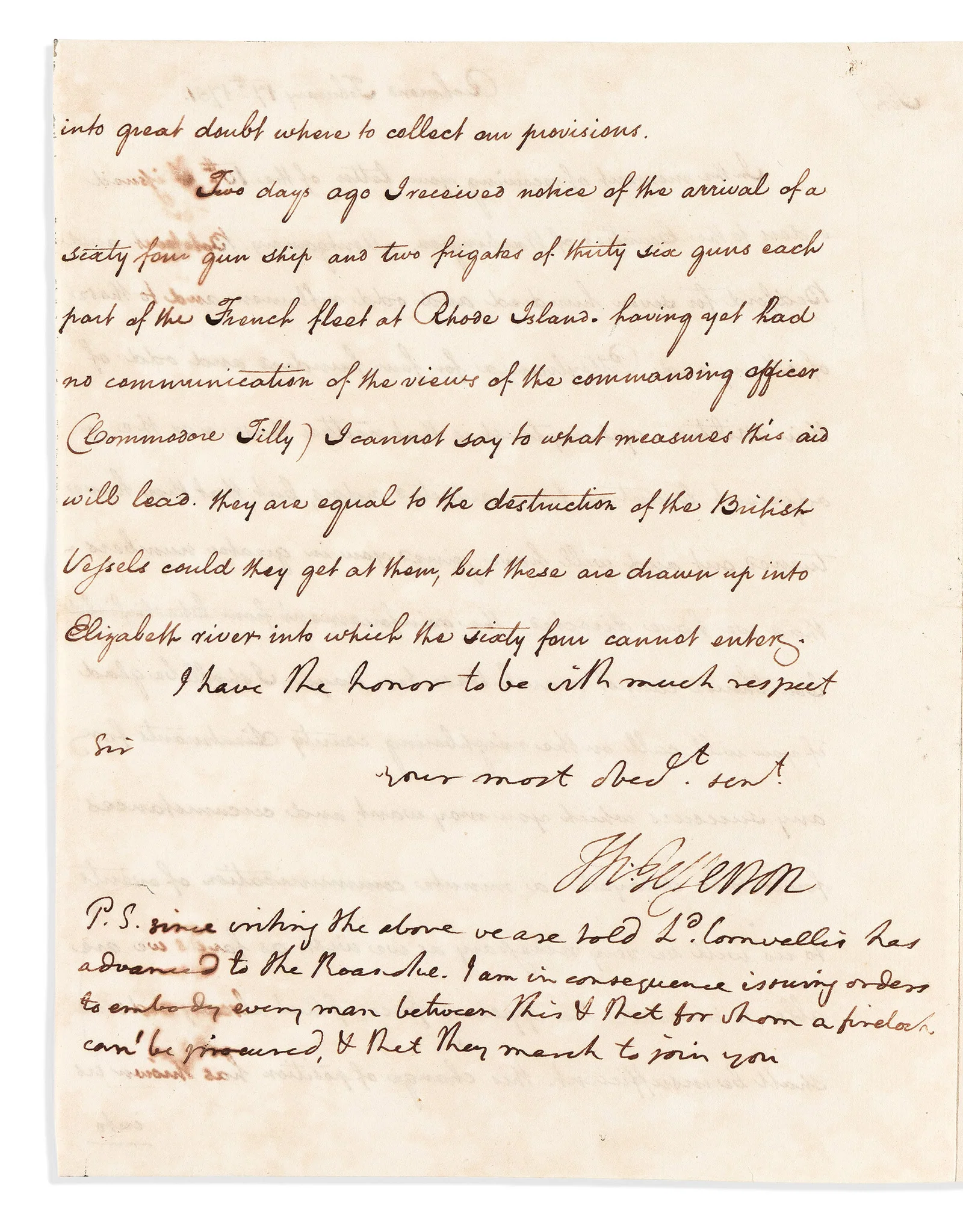 Thomas Jefferson. Letter Signed, "Th:Jefferson," as Governor, with 4-line holograph postscript, to