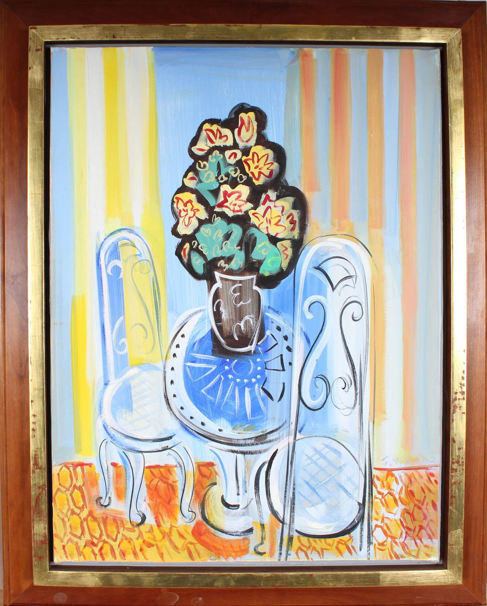 Thomas Vieth Signed Vintage American Modernist Framed Cubist Flower Still Life Oil Painting