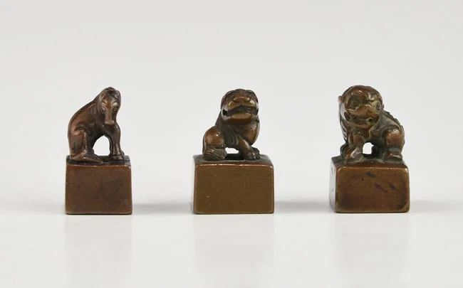 THREE ANTIQUE CHINESE QING DYNASTY BRONZE ZODIAC SEALS