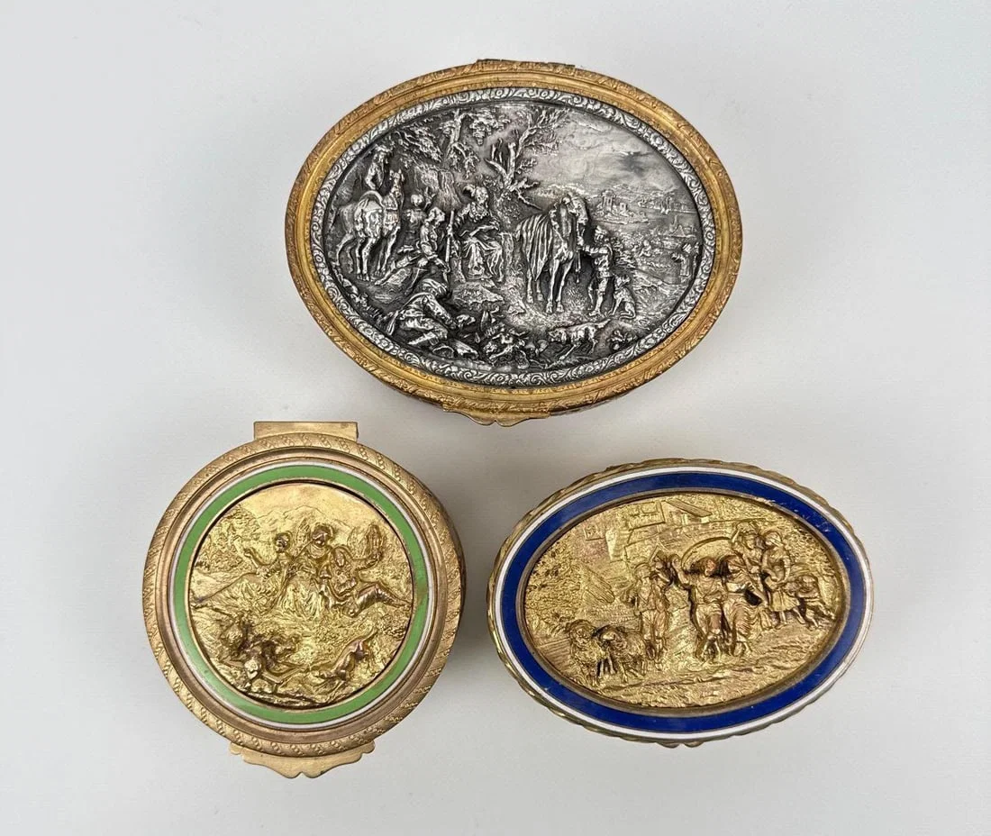 THREE ANTIQUE FRENCH GILT BRONZE AND SILVER PLATED TRINKET BOXES