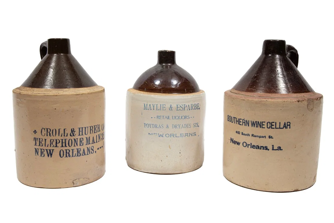 Three Antique New Orleans Stoneware Liquor Jugs