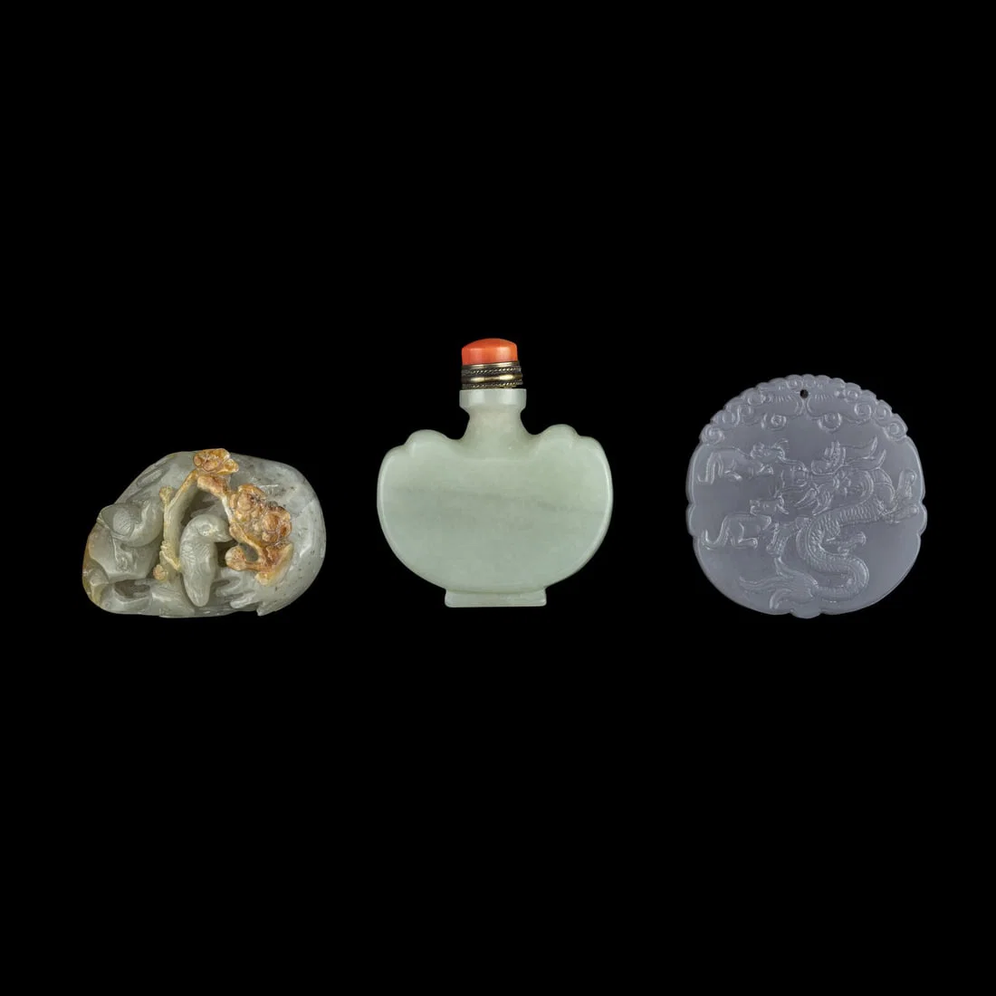 Three Chinese Celadon Jade Articles, 20th Century 近代 青白玉鼻&