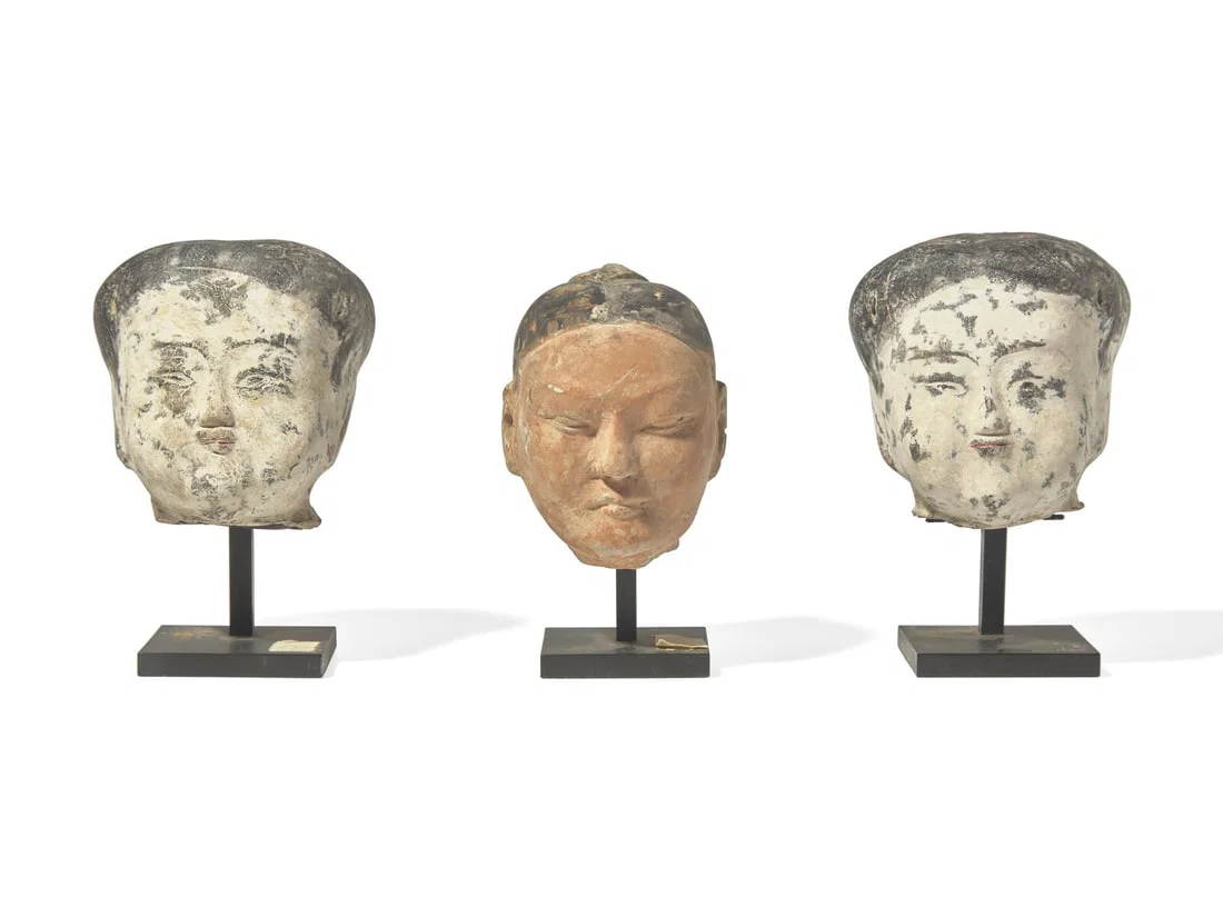 Three Chinese Painted Pottery Heads, Han Dynasty 漢 彩繪陶俑頭