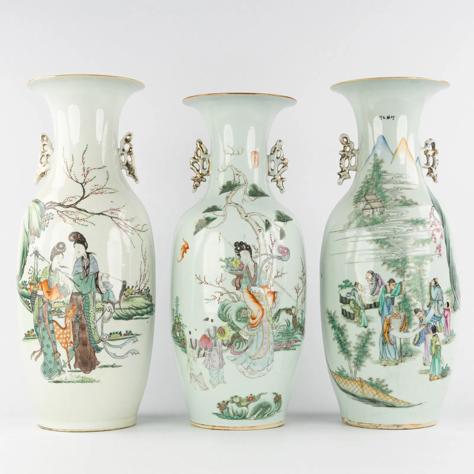 Three Chinese vases, Famille Rose, decorated with Wise men, Court ladies, and Guanyin, 19th/20th C.
