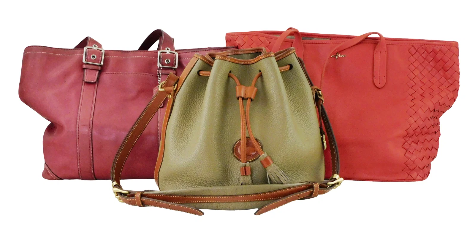 Three designer handbags and two wallets, Coach, Dooney & Burke, Cole Haan and Borgo Etruschi, late