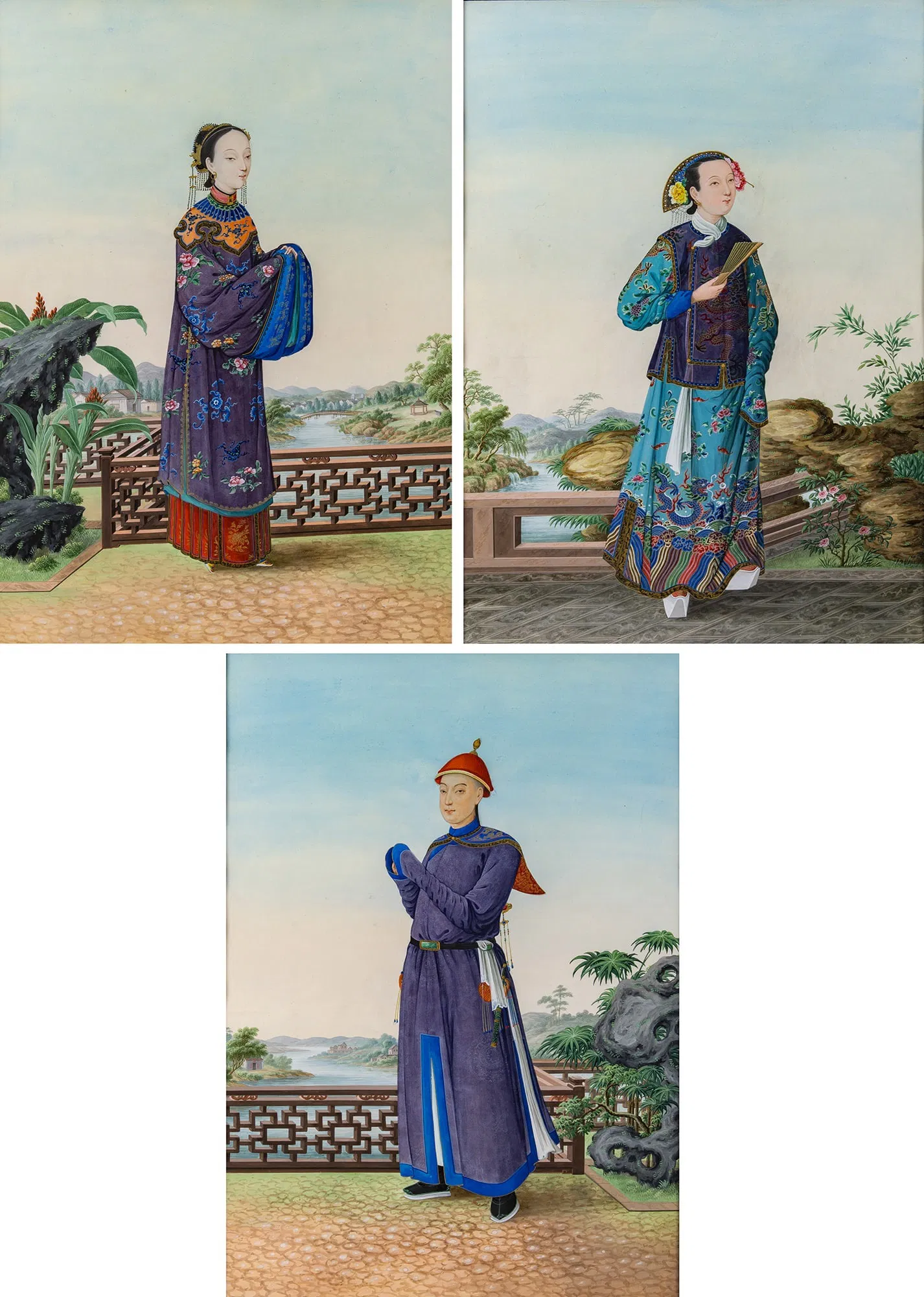 Three Fine Chinese Export Figural Paintings Circa 1800