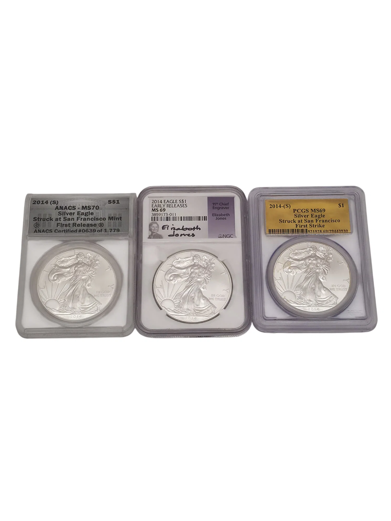 THREE GRADED AMERICAN SILVER EAGLE DOLLAR COINS