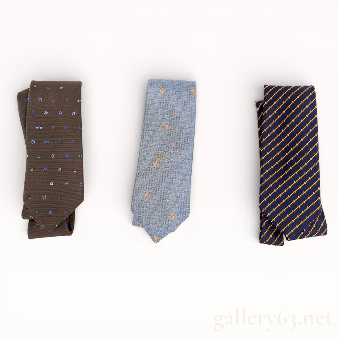 Three Hermes Silk Equestrian and Logo Pattern Neckties
