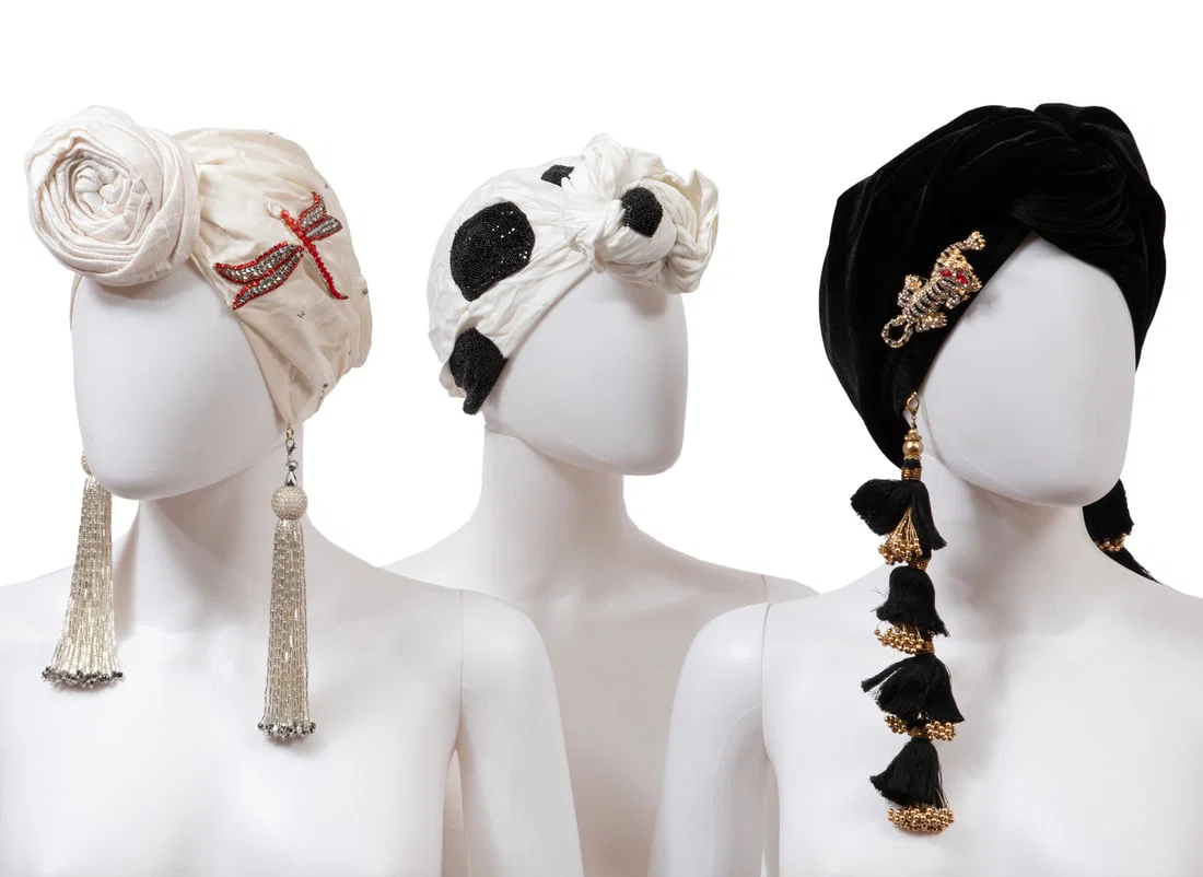 Three Julia Clancy Turbans, labeled, made in Los Angeles, one size fits all, incl. Edith Dragonfly