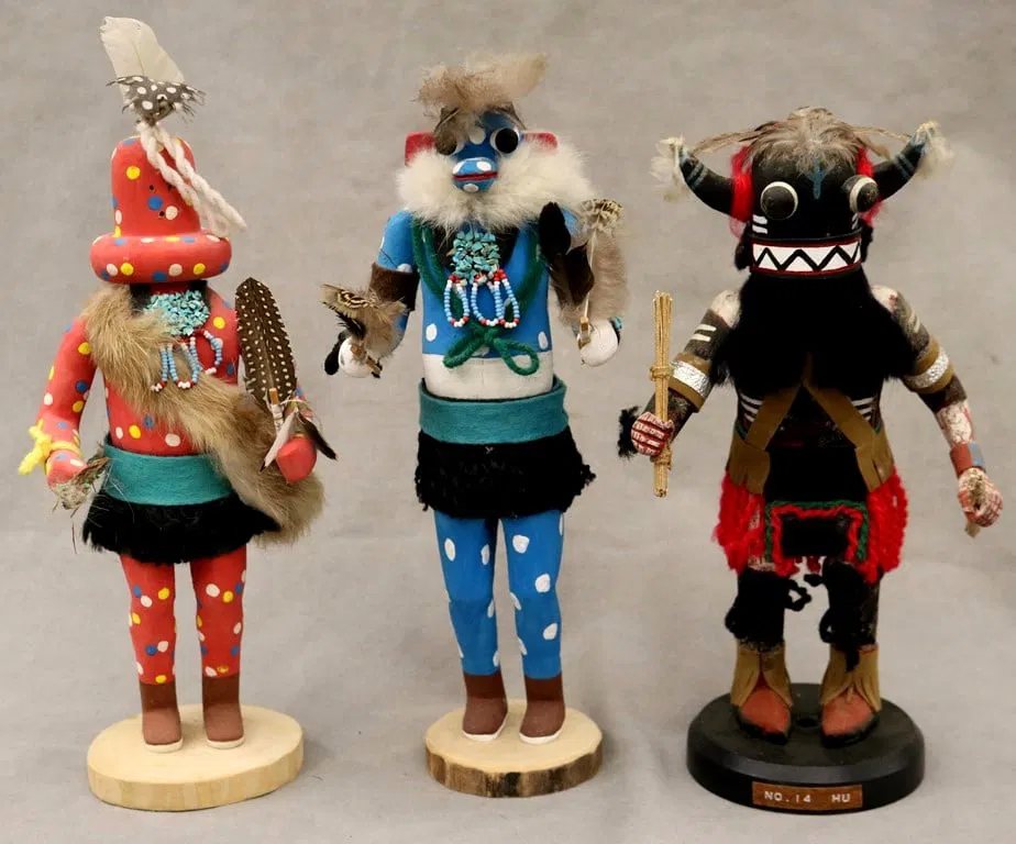THREE KACHINA DOLLS FROM PUEBLO NATIVE TRIBES PRIMARILY THE HOPI AND ZUNI. - Height: 11.5 inches.