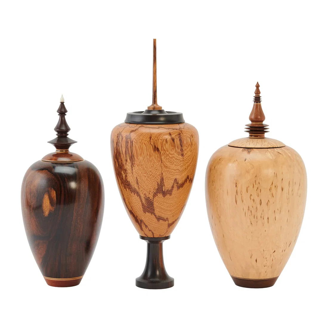 Three Turned Wood Urns with Covers