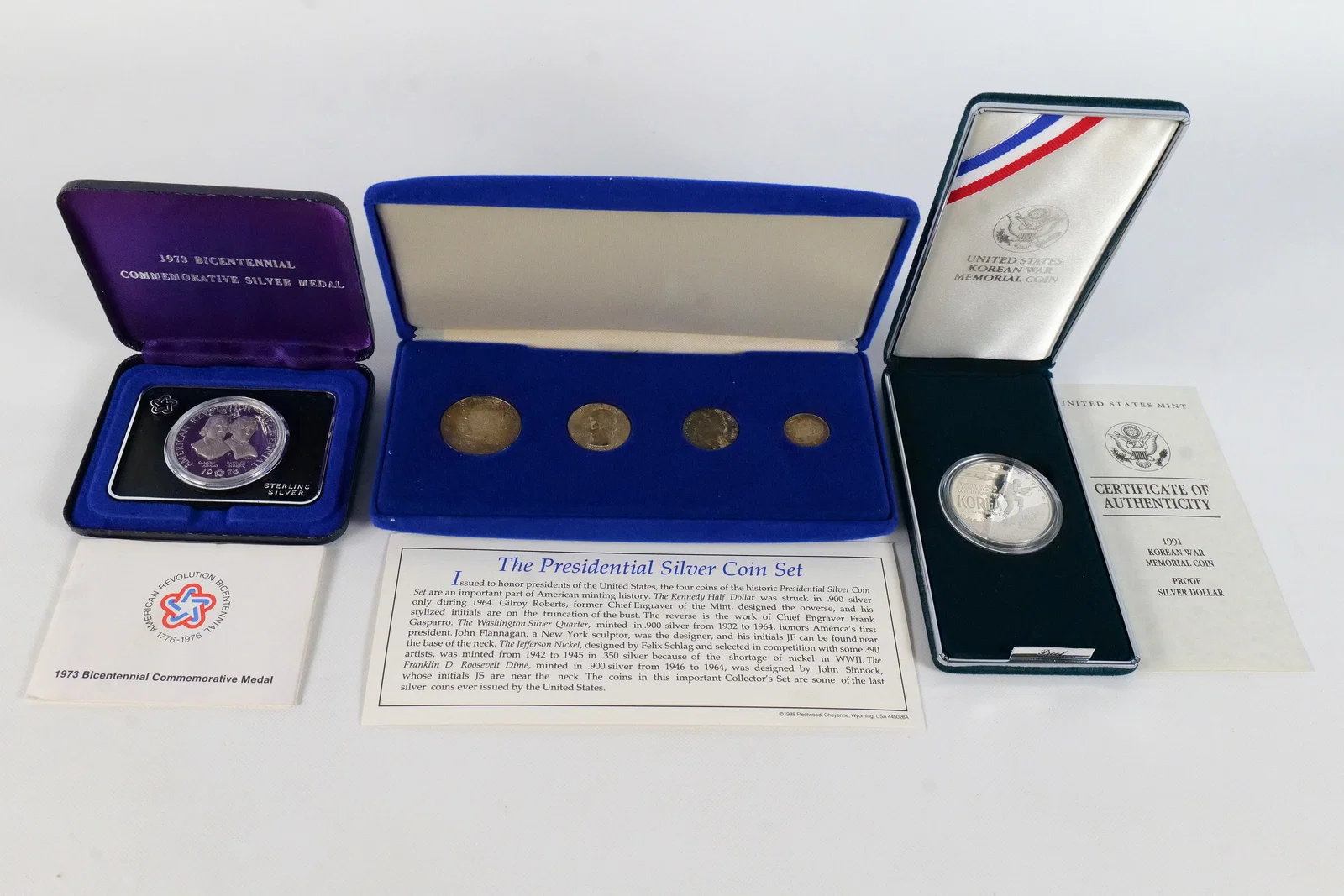 Three US Silver Commemorative, Historical Coin and Medal Sets