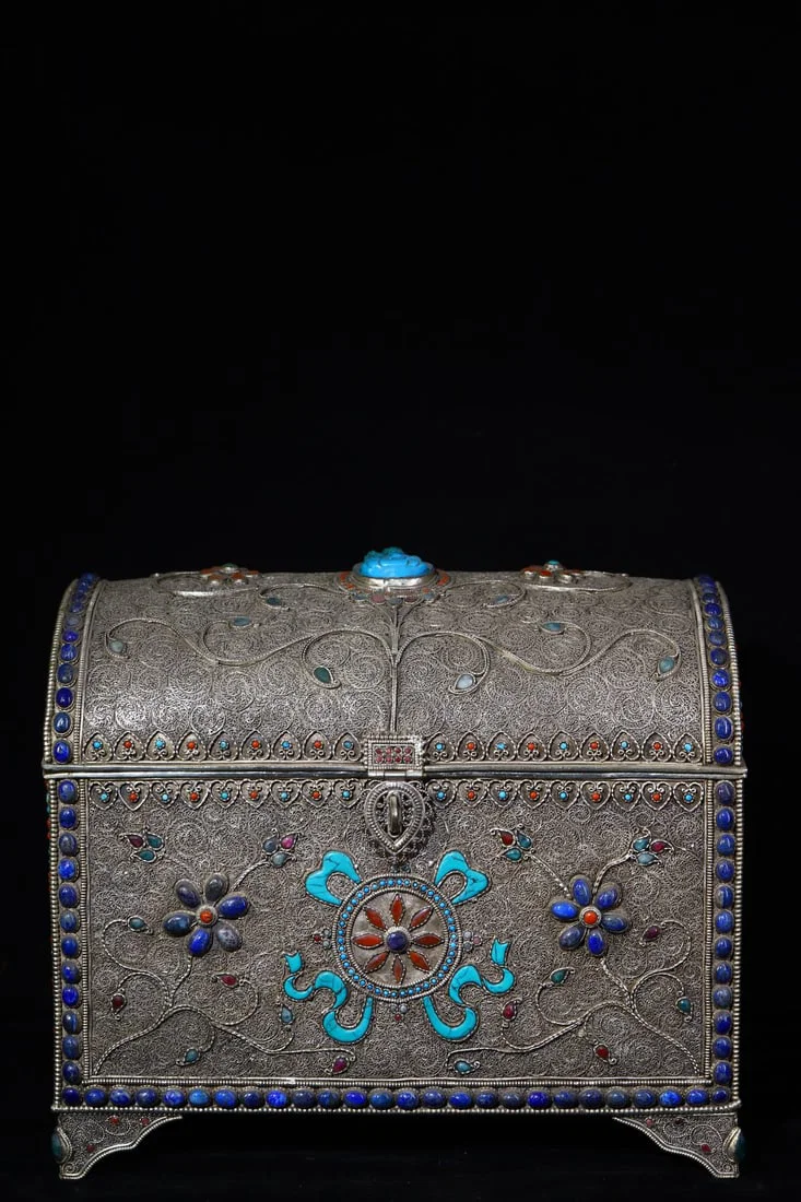 Tibetan silver hand-hammered, engraved, and gem-inlaid cloisonne treasure chest