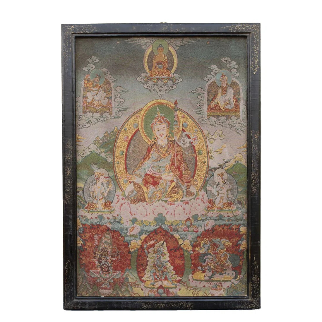 Tibetan Thangka - Embroidered Lotus Buddha Tangka in Solid Wood Frame
