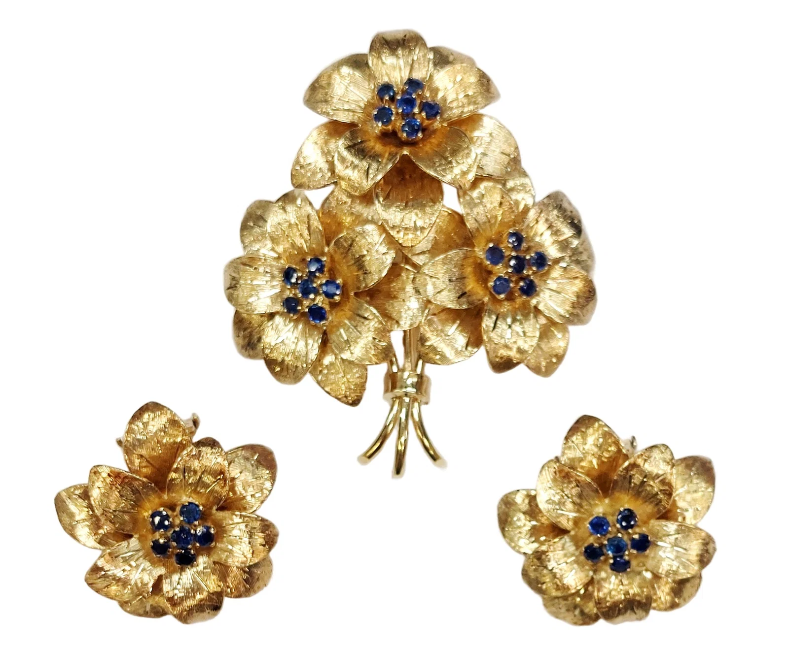 Tiffany Natural Sapphire 18k Gold Midcentury Floral Motif Brooch & Earring Suite