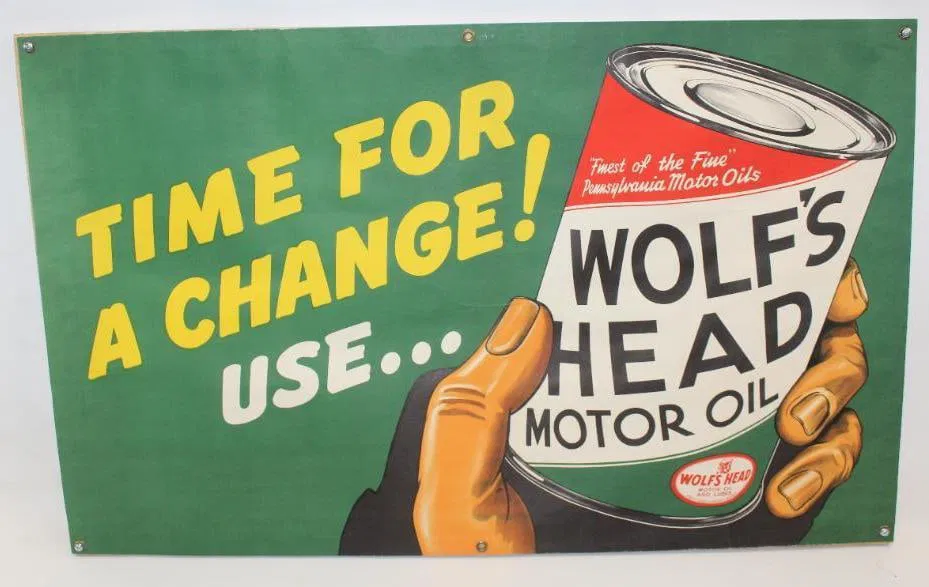 "Time For a Change Use?" Wolf's Head Motor Oil Heavy Paper Banner with Wood Frame