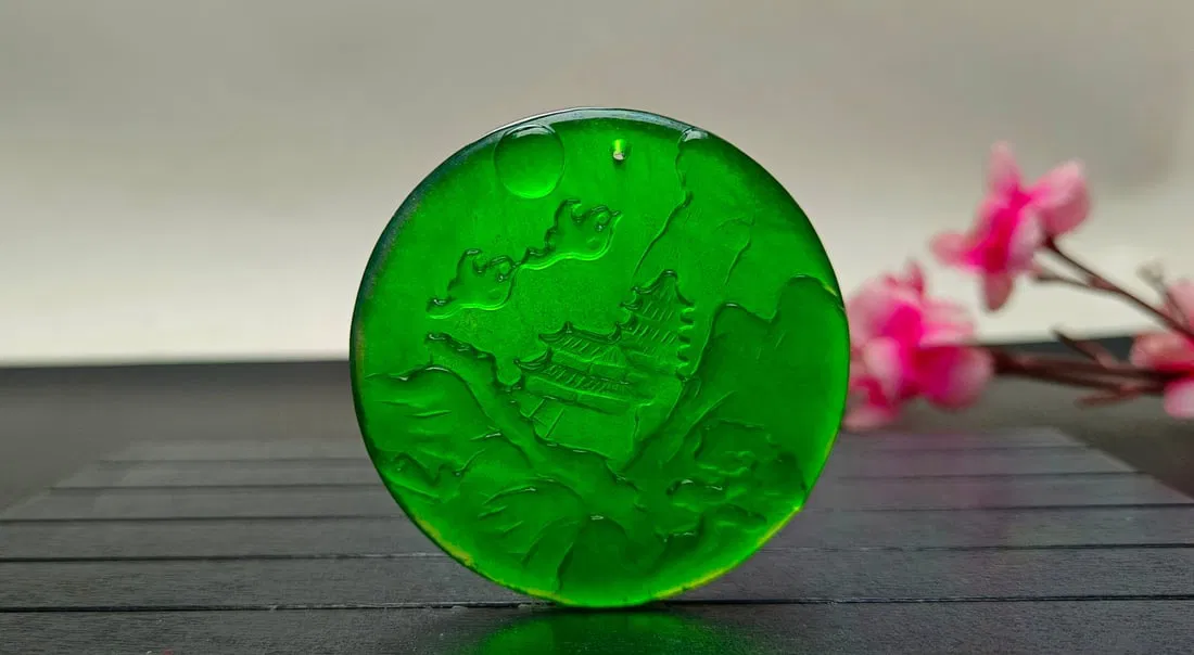 Top-grade Dragon Stone Imperial Green Jadeite Landscape Pendant