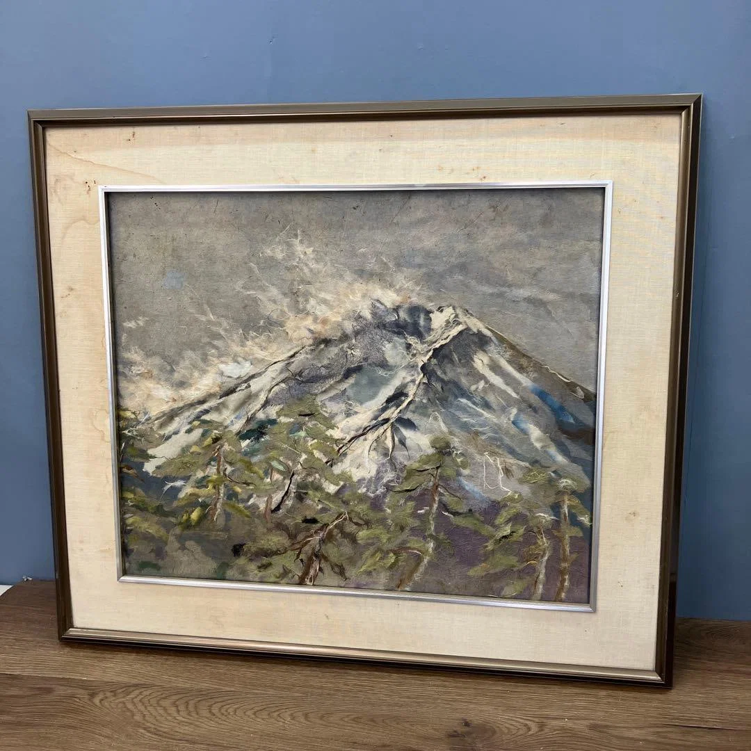 Torn Washi Paper Art - Mount Fuji and Pine Trees, Framed Artwork, Art Panel, Traditional Craft