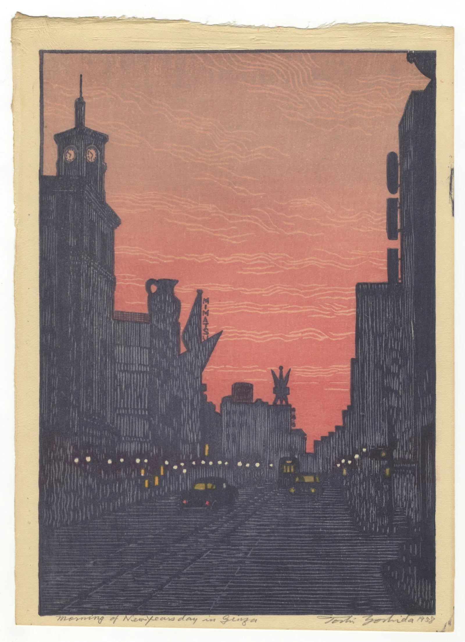 Toshi Yoshida, Morning of New Year's Day in Ginza, Pencil Signed