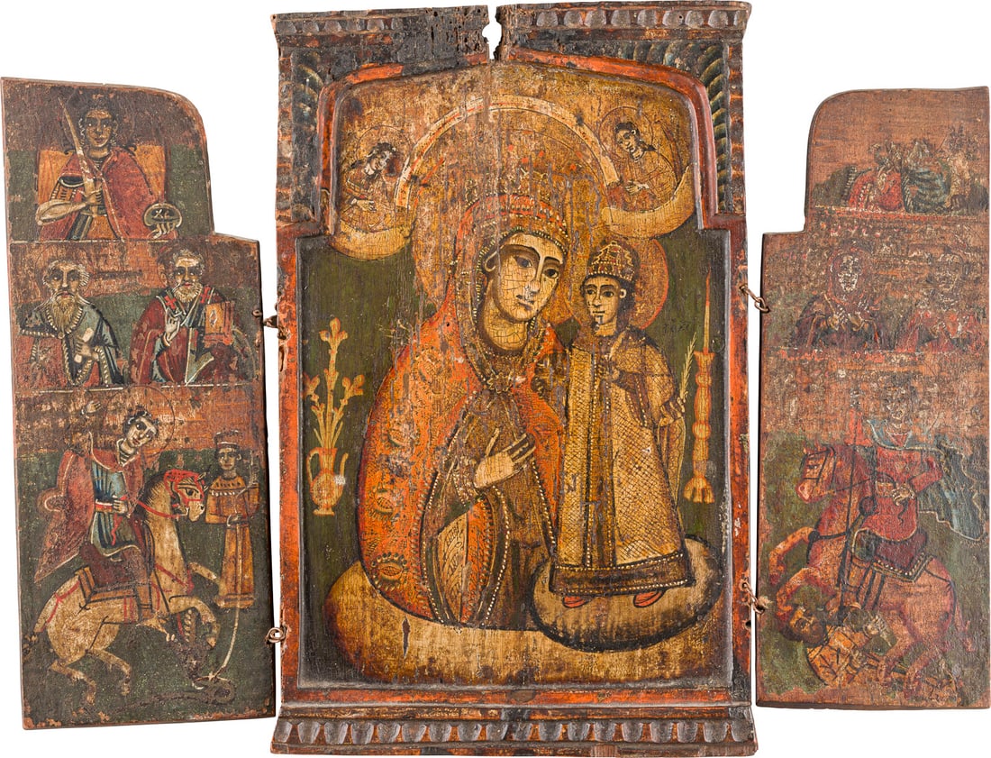 | TRIPTYCHON MIT DER GOTTESMUTTER 'NICHT VERWELKENDE BLUME' UND AUSGEWAeHLTEN HEILIGEN