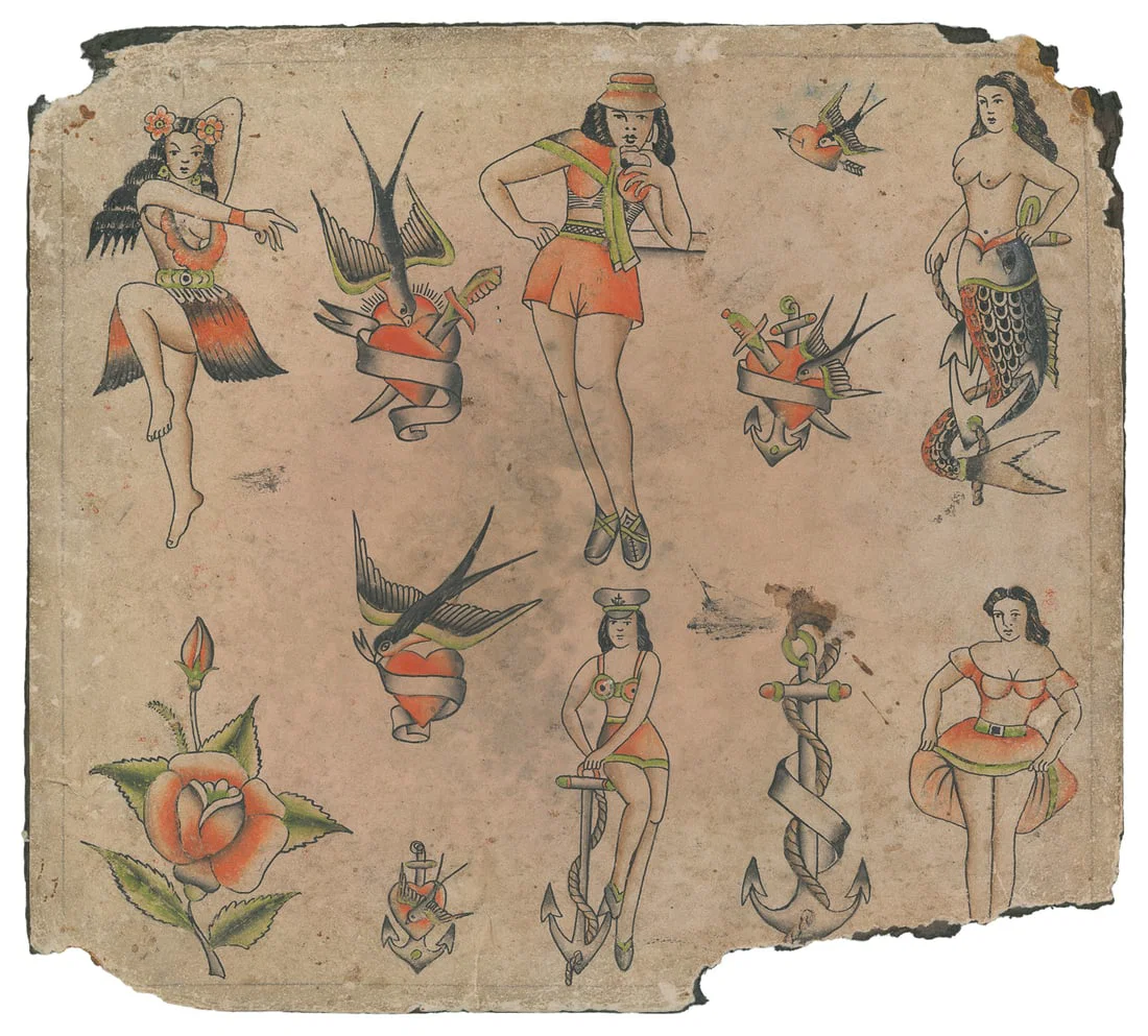 Twelve Hand-Colored Flash Designs featuring Pin-Ups. [U.K.], Early 20th Century.