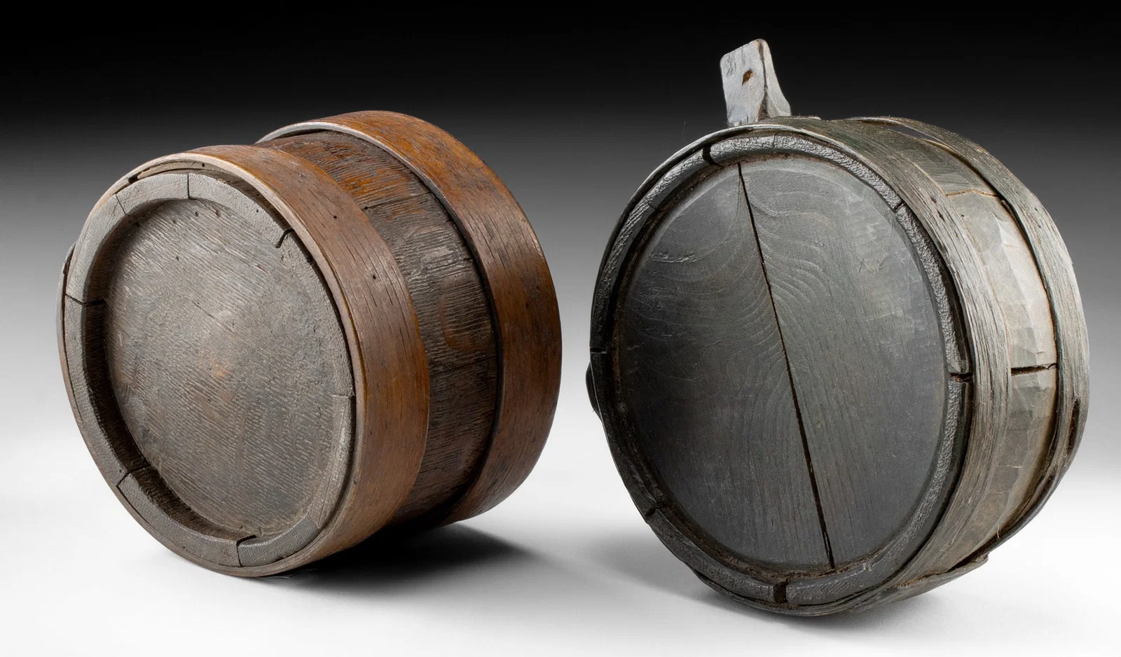 Two 19th C. Wooden Staved Costrel Travel Canteens