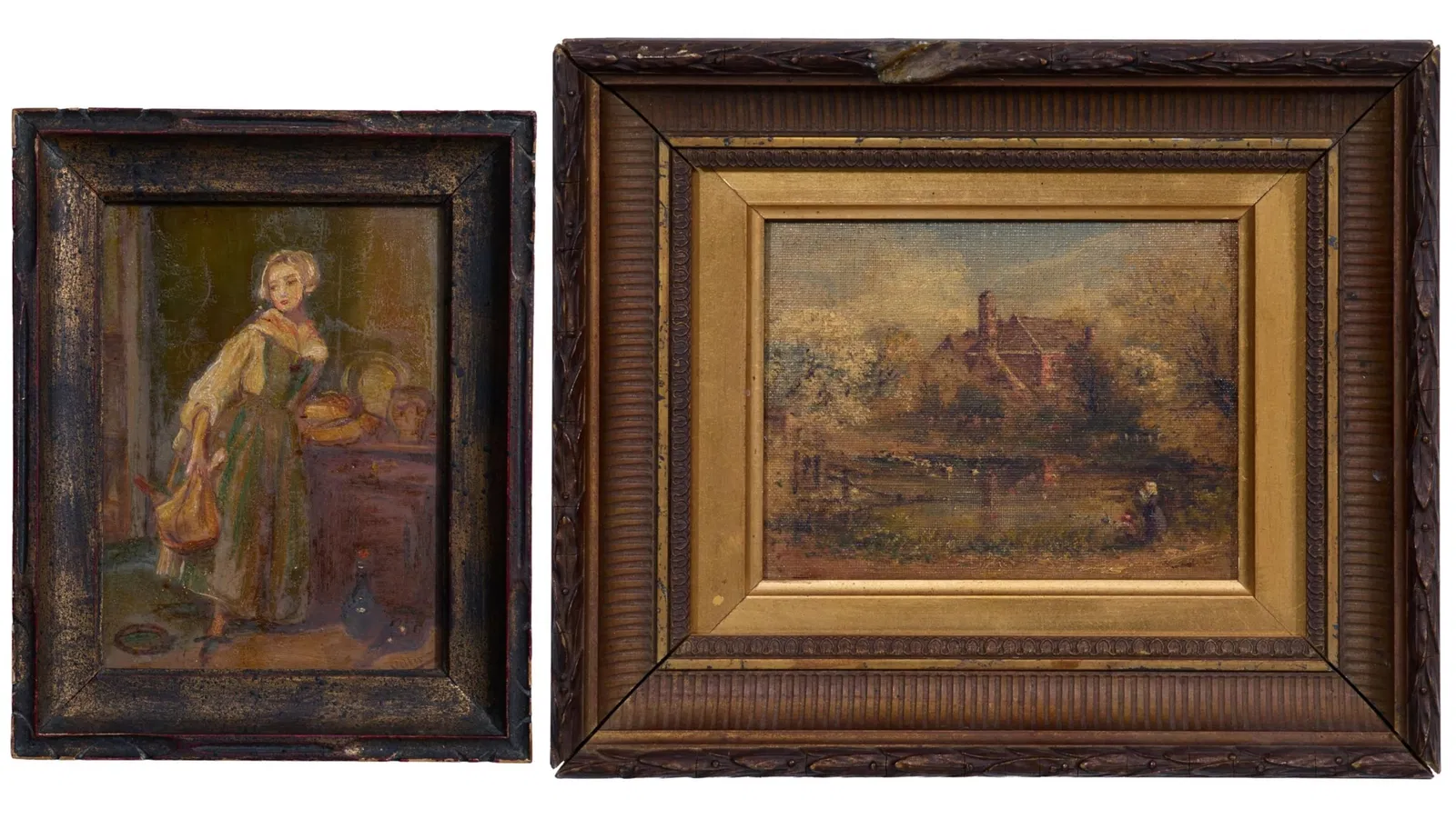 Two 19th Century Homestead Paintings, First Sight- H.- 6 in., W.- 4 1/2 in., Framed- H.- 1/4 in.,