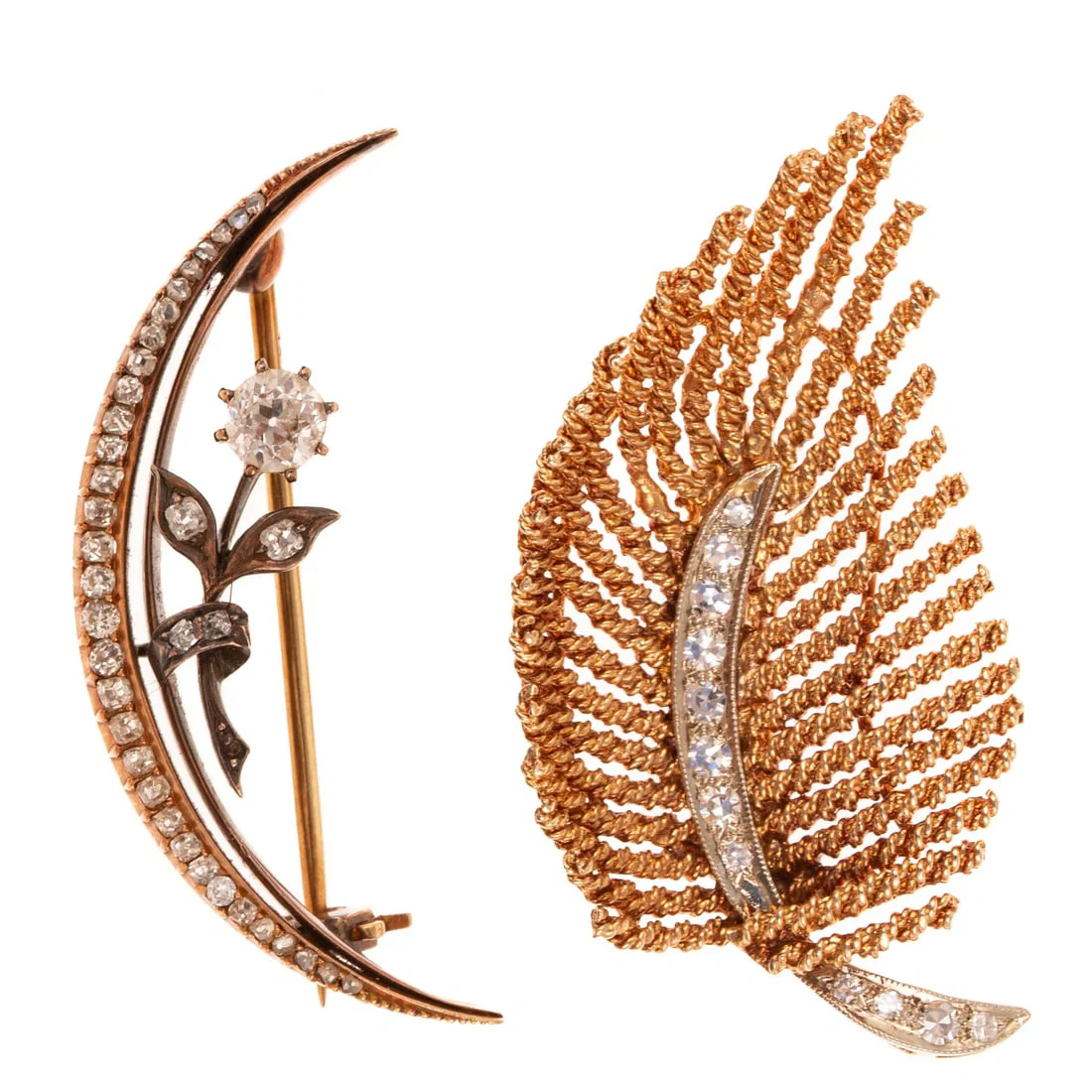 Two Antique & Vintage Diamond Brooches in 14K