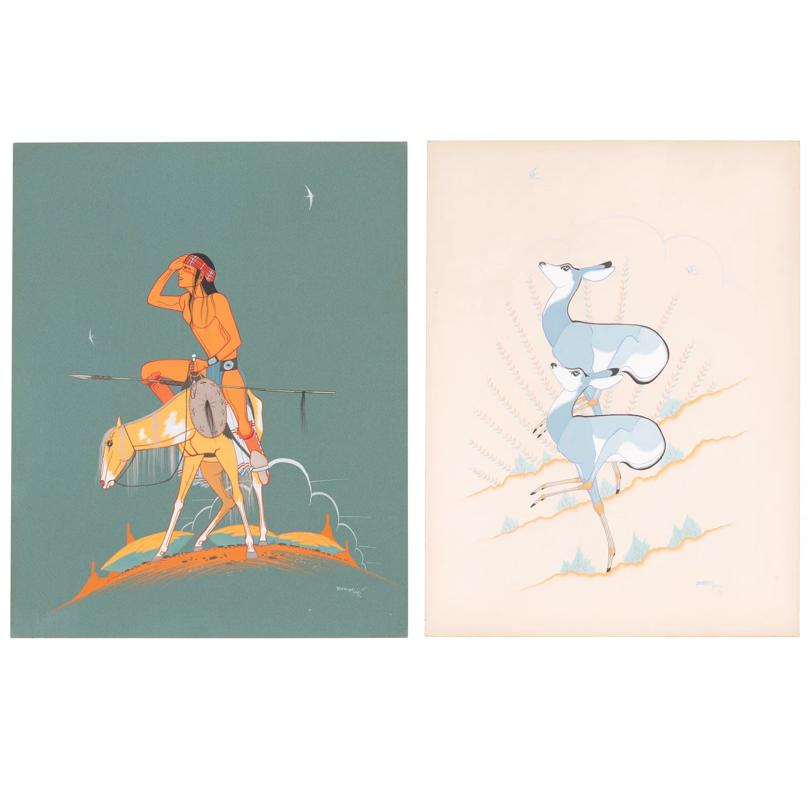 Two Beatian Yazz paintings, 'Couple Fawn Going Down Slope,' and 'Scout'