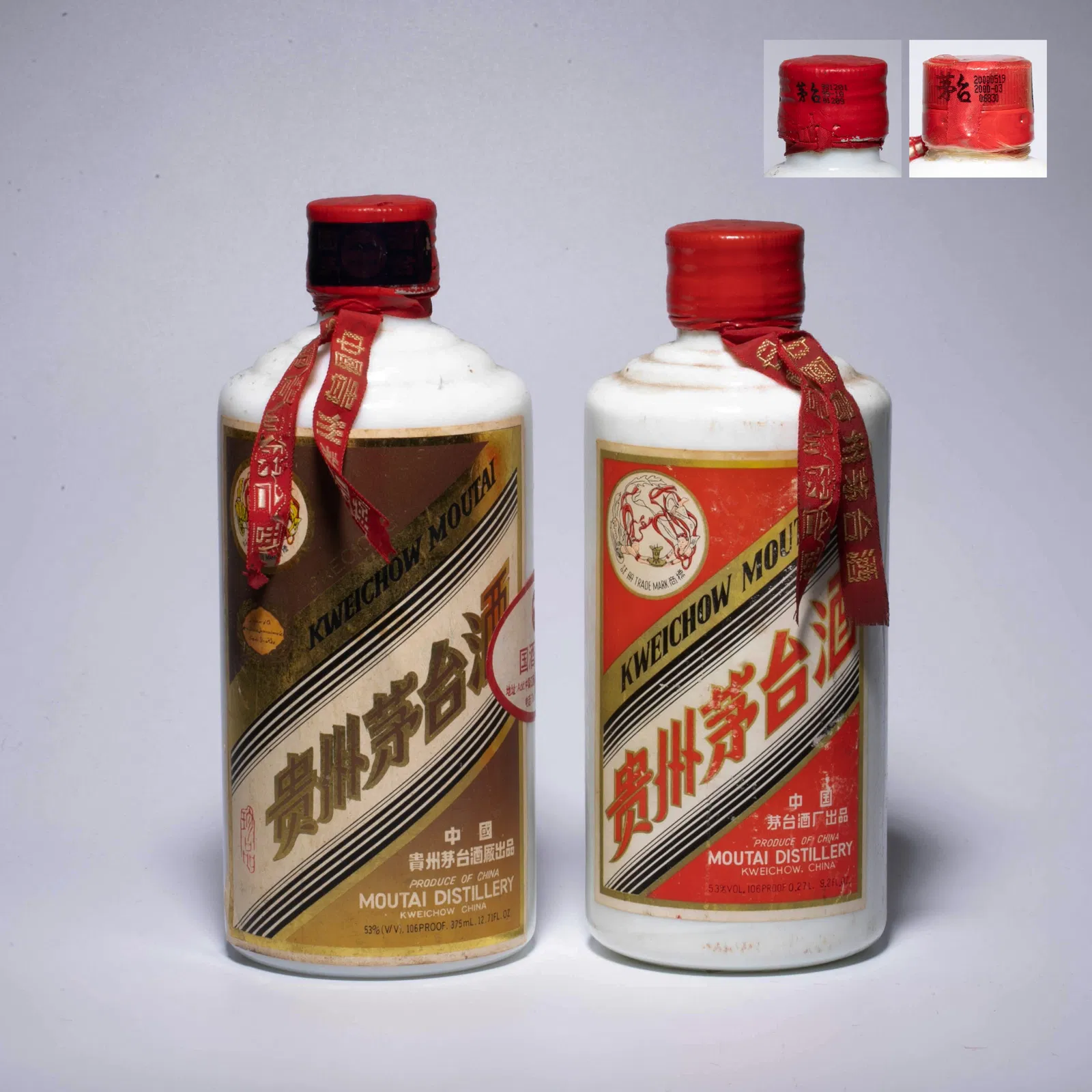 Two bottles of Moutai with metal caps (270 ml and 375 ml), from the 1990s.