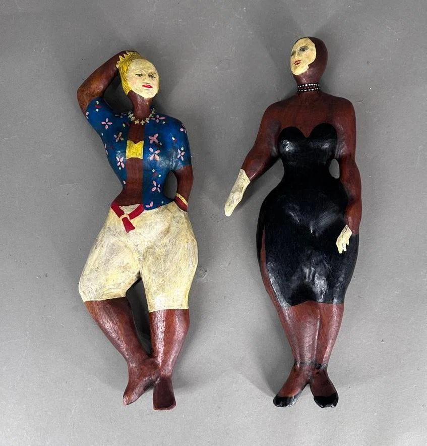 Two Carved and Polychromed Figures of Women by Charlotte Lees