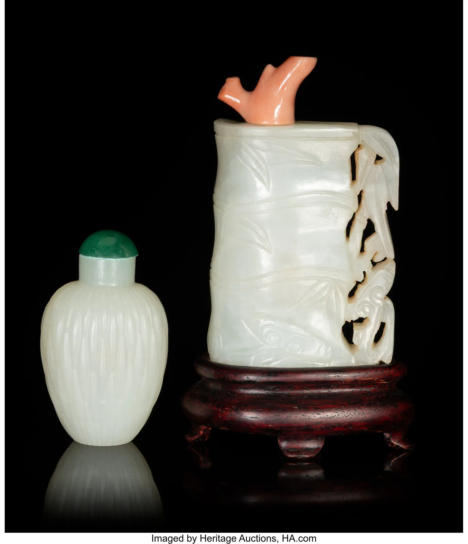 Two Chinese Carved White Jade Snuff Bottles, Qin