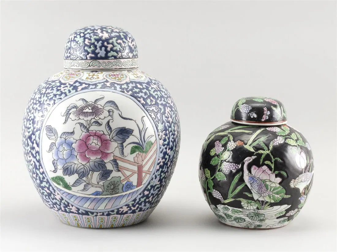 TWO CHINESE FAMILLE ROSE PORCELAIN COVERED GINGER JARS Early 20th Century